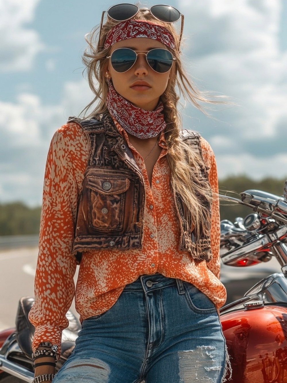 Wrangler Western Rhinestone Snap Blouse Orange Ivory Abstract Shimmer Print Sz M